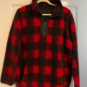 Abercrombie & Fitch Red and Black Checkered Zip-Up Sweater